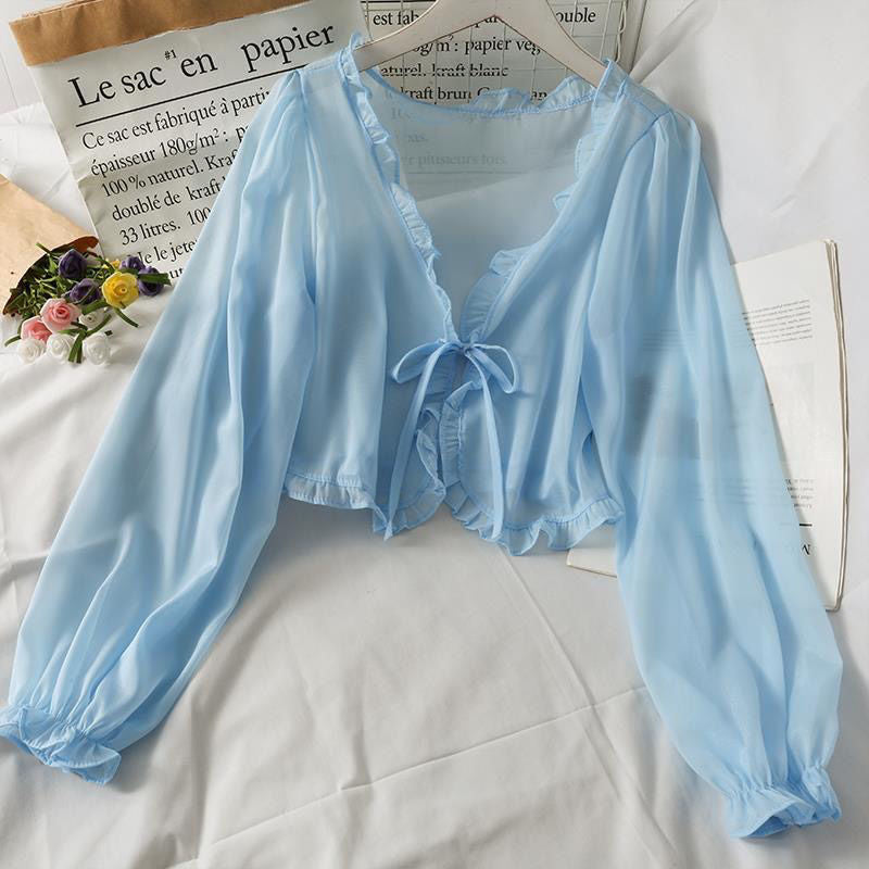 Long Sleeve Thin Lace Bow Blouse