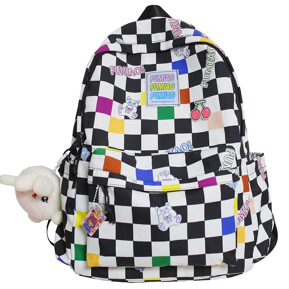 Checkered Backpack with Rabbit Accessory