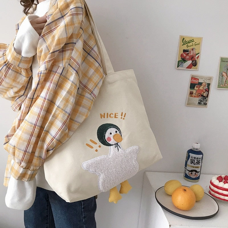 Cute Duck Embroidered Canvas Bag