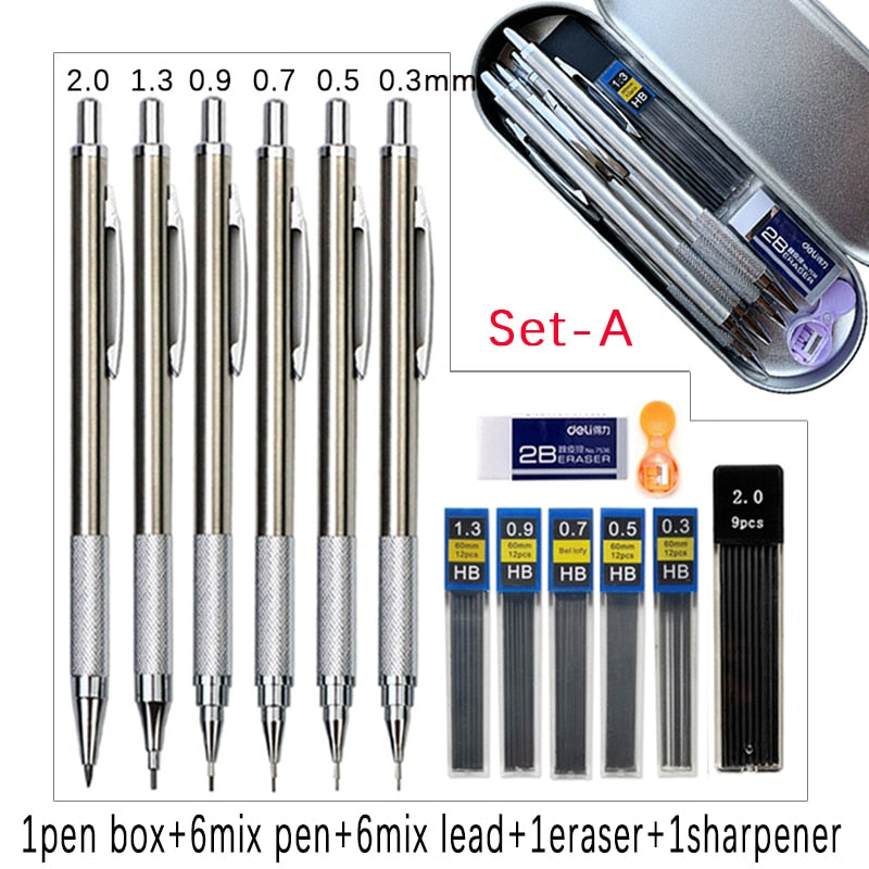 6 Piece Metal Mechanical Pencil Set, Pen Box & Accessories