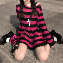 Load image into Gallery viewer, Black &amp; Pink Striped Loose Knitted Sweater
